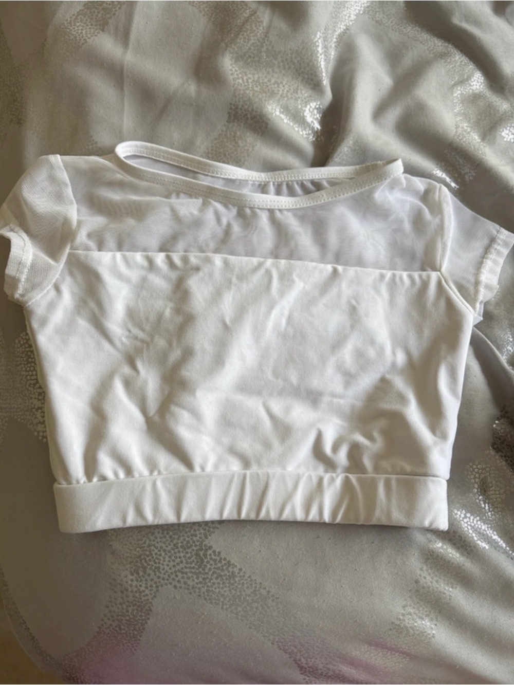 Baltogs Girls White Dance Crop Top with Sheer Yoke and Short Sleeves